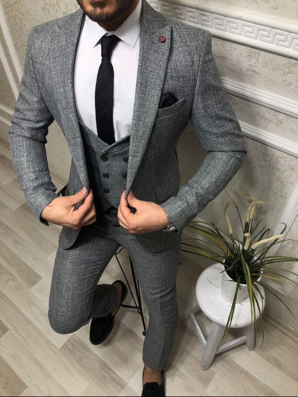 Gray Herringbone Three-Piece Suit - Classic Men's Blazer & Waistcoat